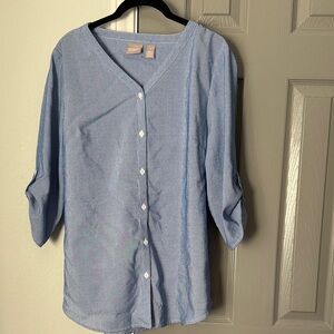 Chico's Striped Blue and White 3/4 Sleeve Button Down Shirt